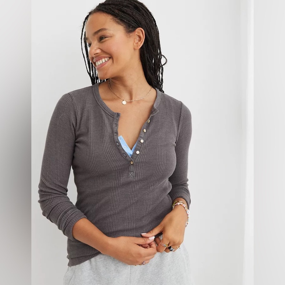 Aerie grey waffle rib long sleeve Henley tee